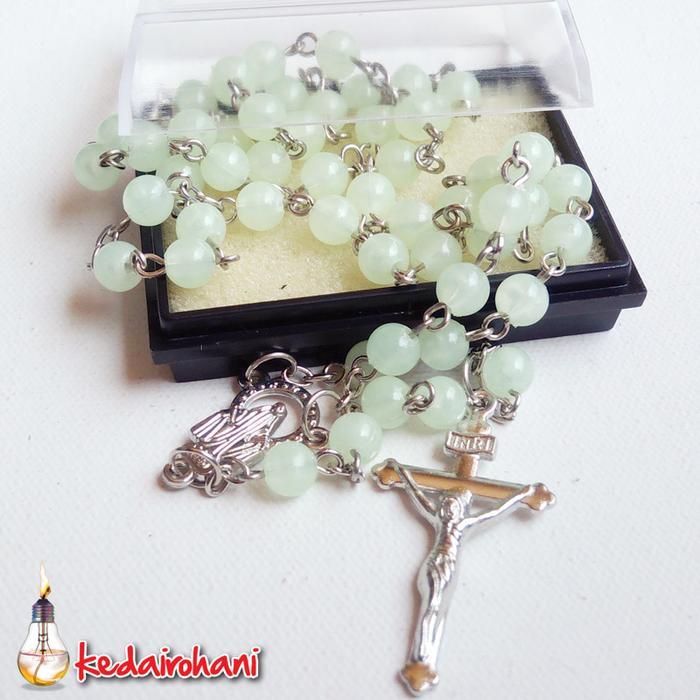 Rosario Maria Kalung Manik/Mote Fosfor bulat 6 mm harces salib logam