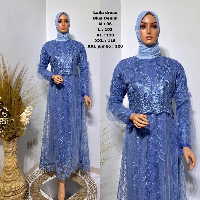 Gamis Wanita Bahan Tile Bordir Mutiara Busui Friendly Lengan Panjang Warna Blue Denim Ukuran M