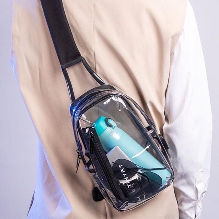 [ Tas Konser ] Selempang - Waist Bag / Sling Bag Wanita Transparan PVC Plastik (Anti Air) Muat HP,