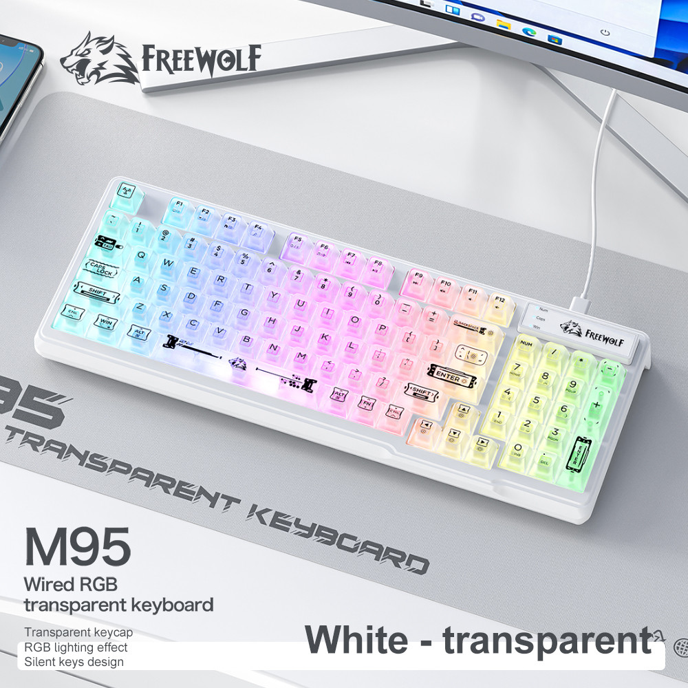 FREEWOLF M95 Silent Gaming Keyboard Wired Transparent RGB Lighting Membrane Keyboard Compact