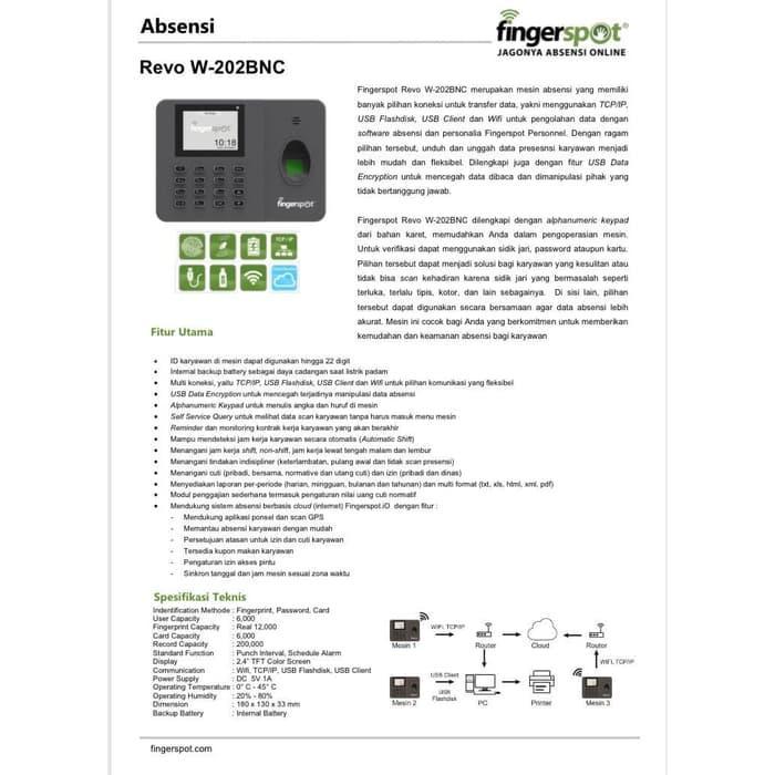 Mesin Absensi Fingerspot Revo W-202Bnc Wifi Dan Battery