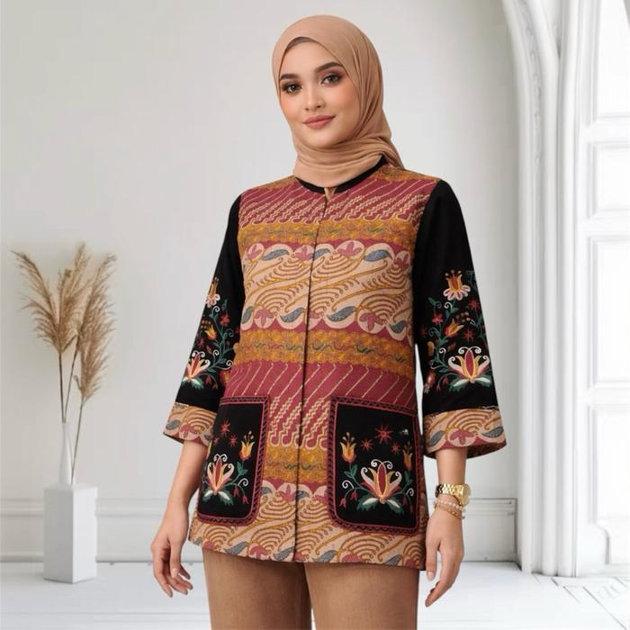Atasan Batik Wanita Blouse Wanita Bordir Katun Doby Full Furing Warna Kuning Ungu Merah Ukuran XL Wa