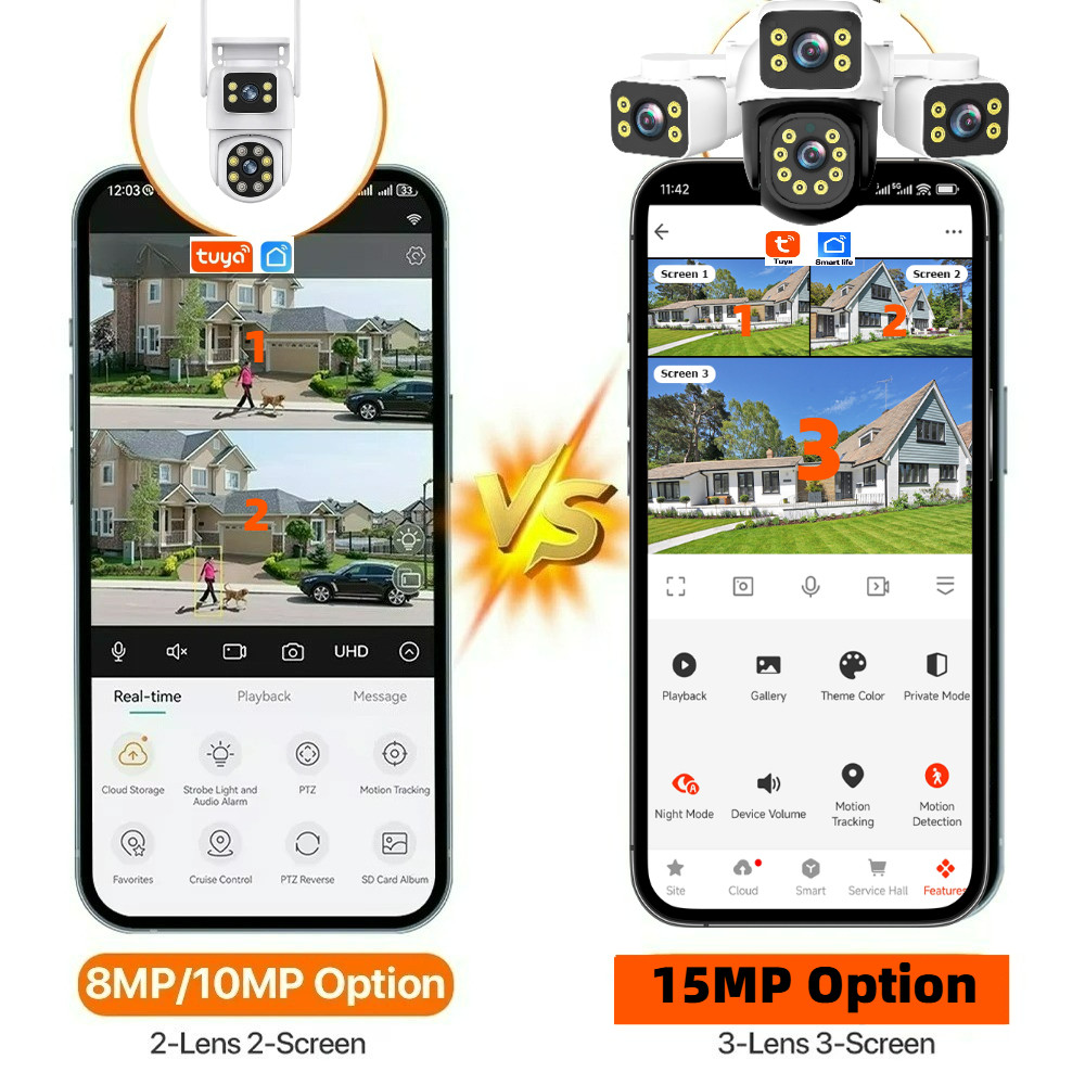 Tuya 15MP Three Lens 10MP Dual Lens Tuya Wifi Camera PTZ Outdoor Wireless Security Camera AI Human