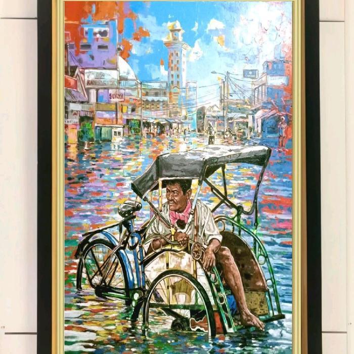 TERLENGKAP hiasan dinding lukisan cetak printing becak tradisional plus FIGURA ukuran 65*45