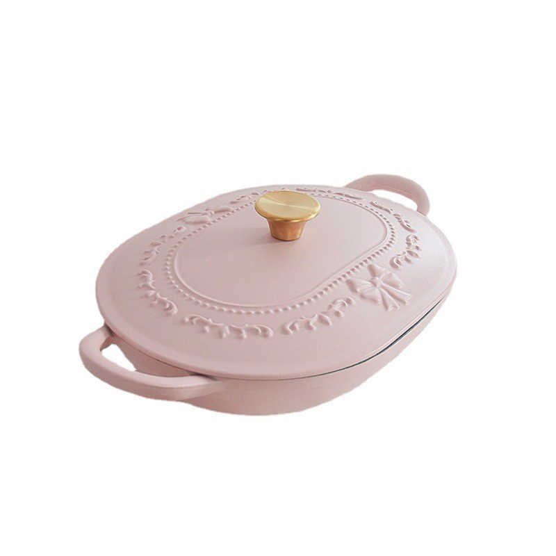 32cm Oval Emboss logo Flat Saucepan Dutch Oven Kitchen Cookware Sea Food Cooking Pot Enamel Cast