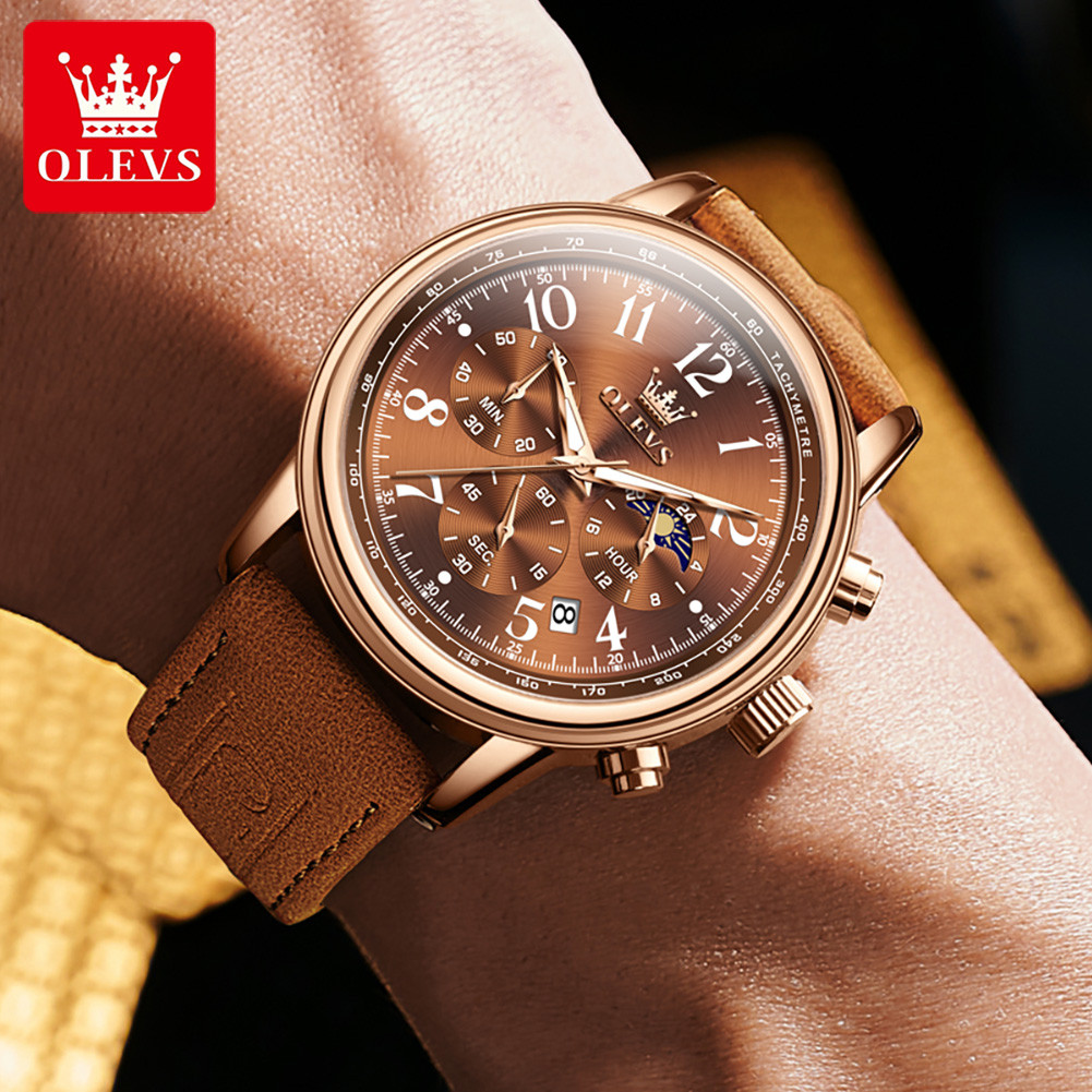 OLEVS 2912 Mens Watch Original Quartz Watch Waterproof Luminous Multifunctional Chronograph Moon