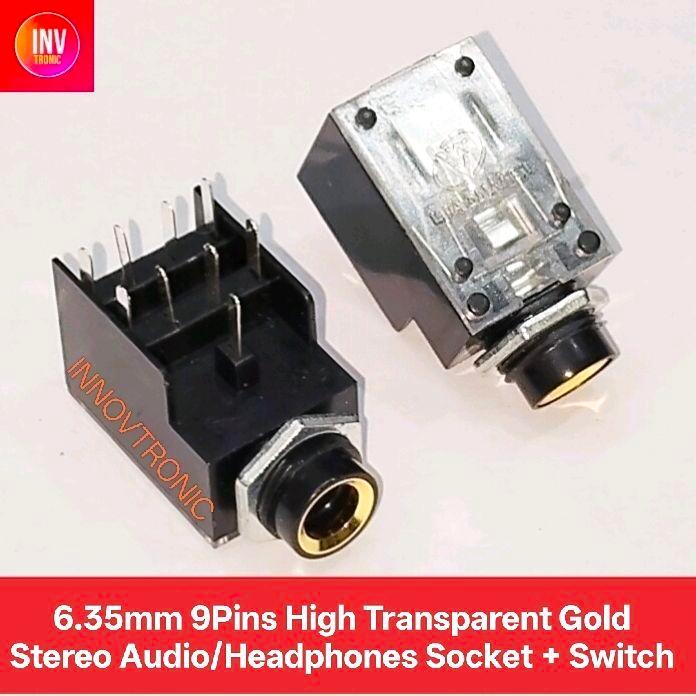 Soket Akai 6.35Mm 9Pins High Transparent Gold Stereo Audio / Headphones Microphone Socket + Switch