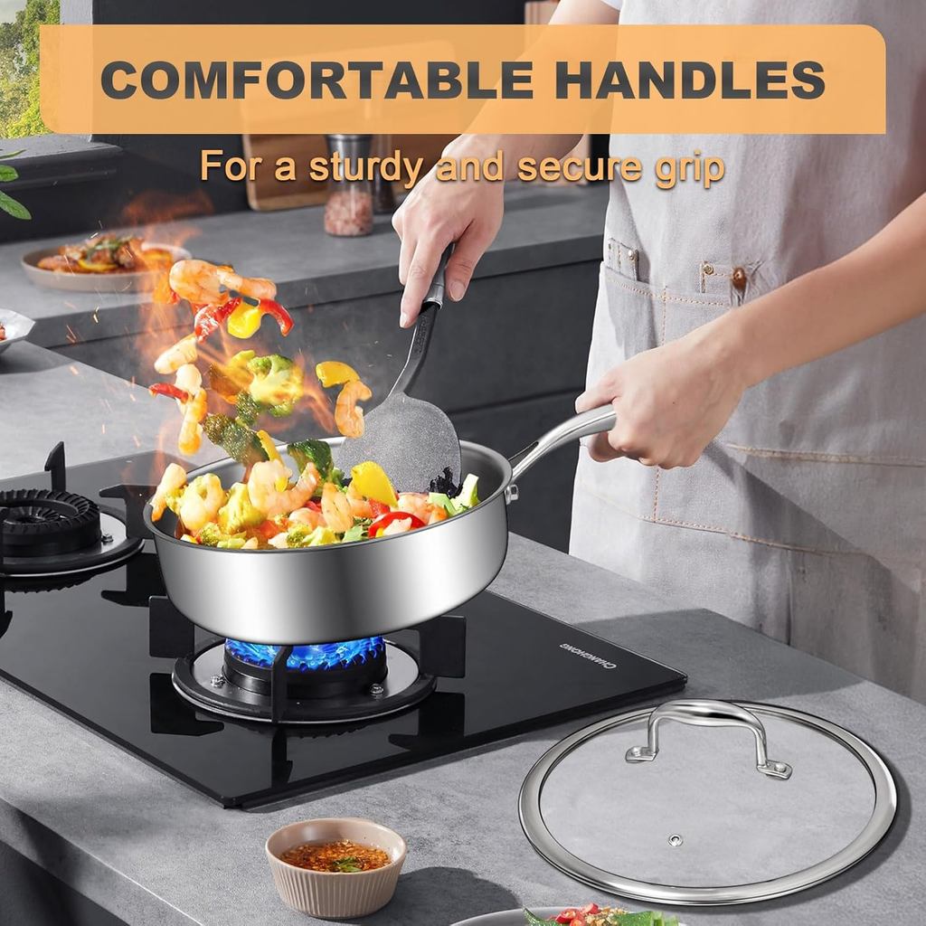 LMETJMA 316 Stainless Steel Frying Pan Tri-Ply Deep Frying Pan Saute Pan Healthy Non Stick Cooking