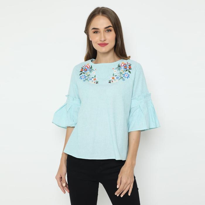 Blus Katun Motif Garis Bordir Bunga untuk Wanita - Green