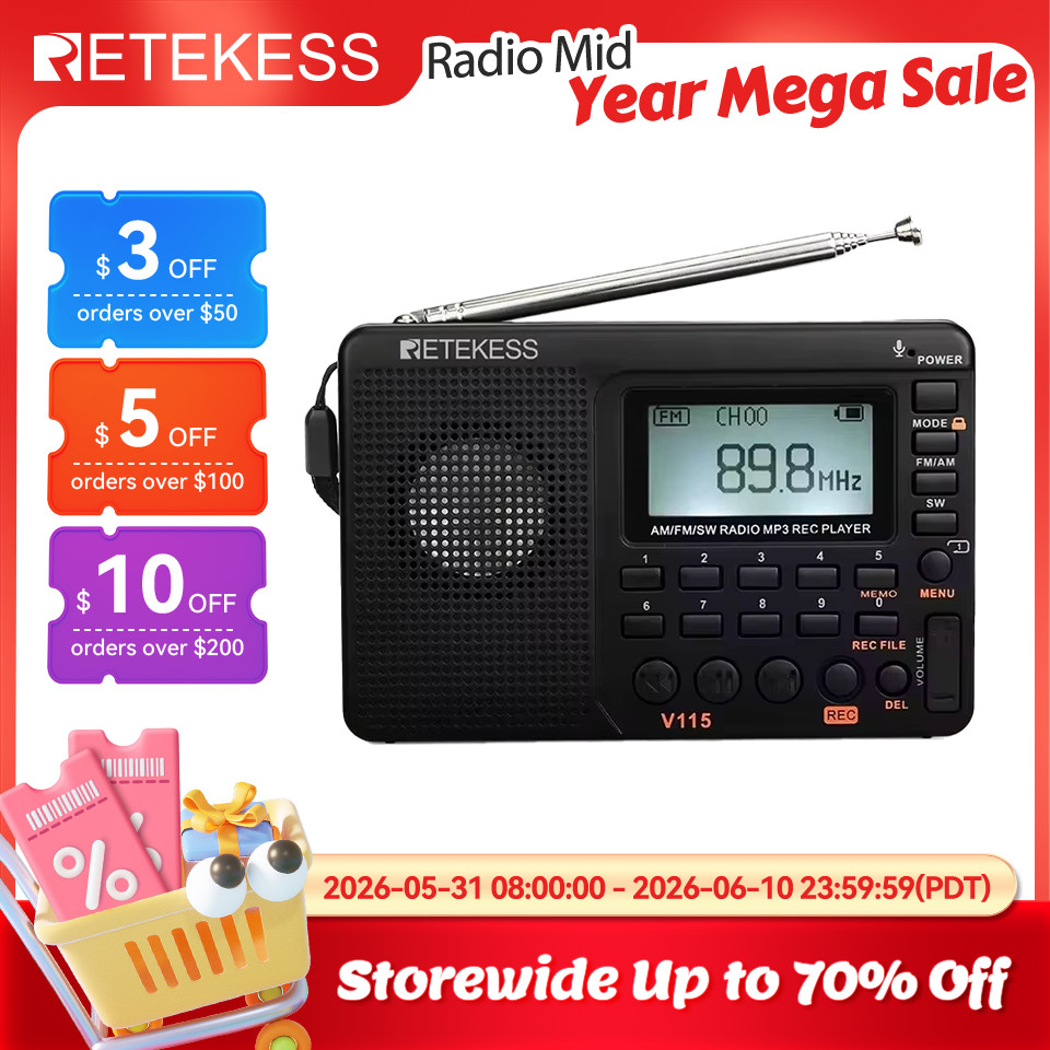 RETEKESS V115 Radio Portable Radio Rechargeable AM FM Radio Multifunctional Shortwave Receiver Good