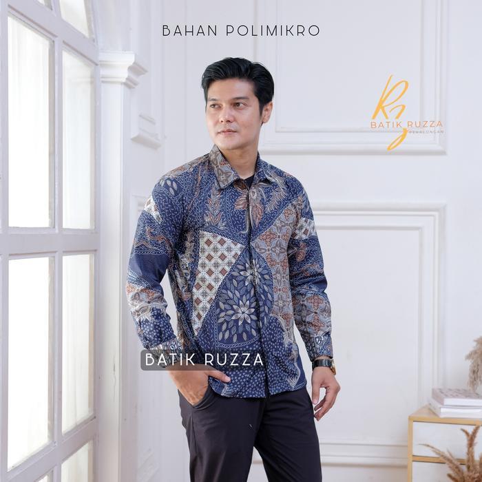 Batik Ruzza Kemeja Pria Lengan Panjang Dewasa Motif Ruzza Warna Hitam Abu Coklat Baju