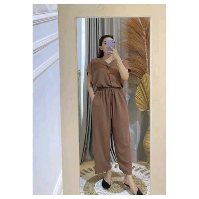 Premium One Set Andin Pendek 2 Bahan Cringkle/Setelan Tania Cringkle Baju Crinkle Kulot Panjang