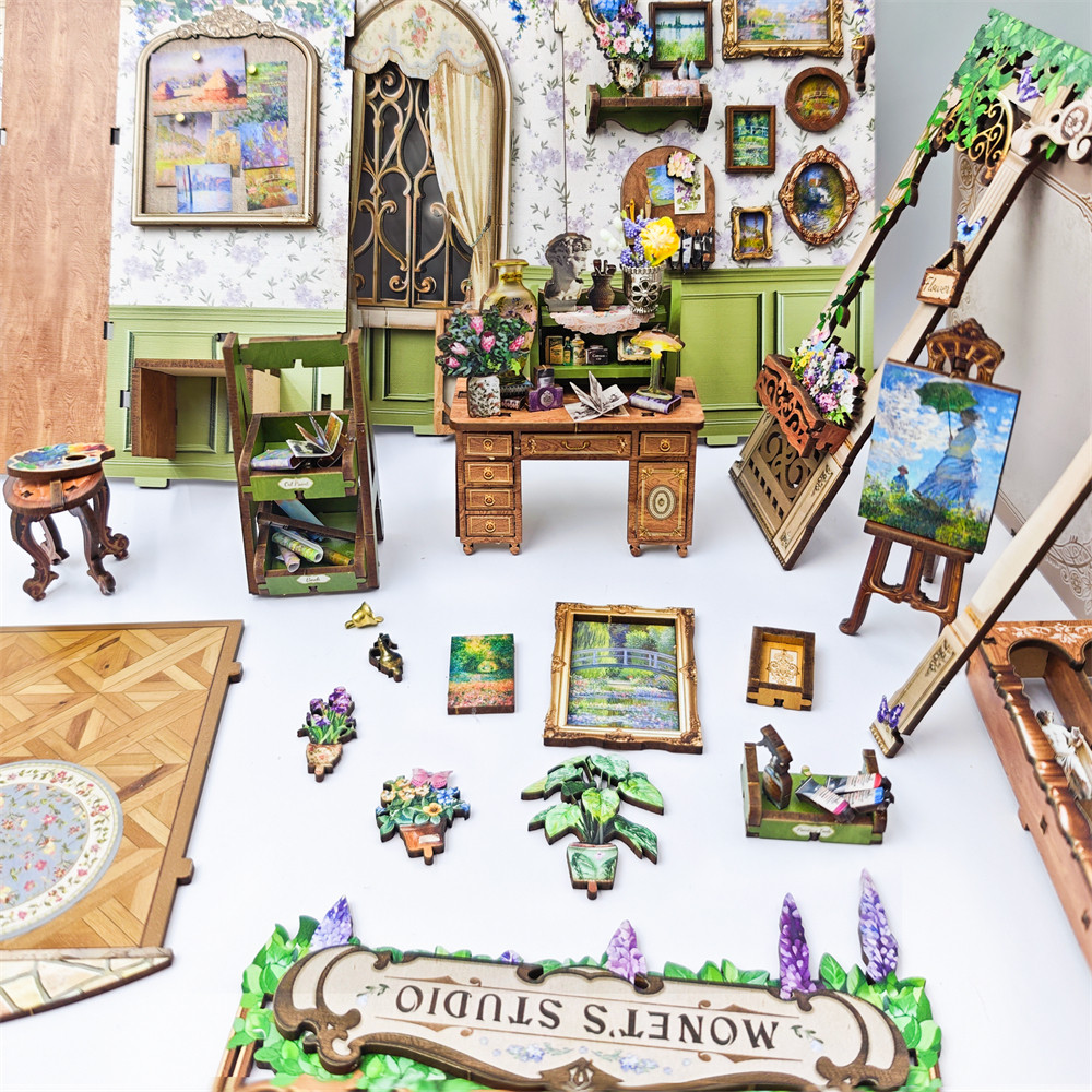 NEW DIY Wooden Book Nook Figurines Miniature Kits Monet's Impression Bookshelf Home Bookend