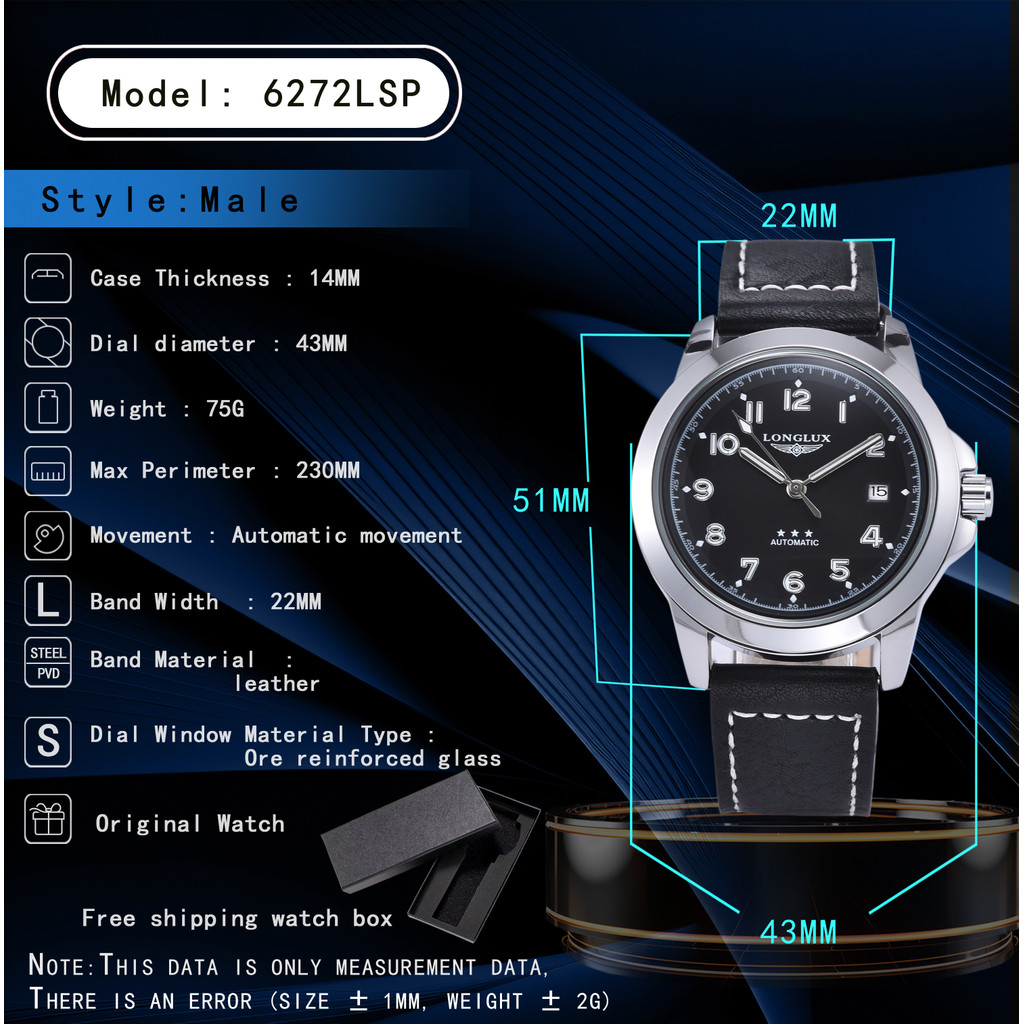 LONGLUX men automatic watch vintage pilot business classic military mechanical watches date