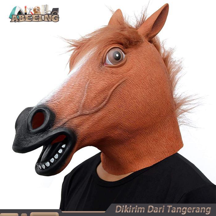 Topeng Kuda Latex Mask Hood Horse Mask-Cokelat