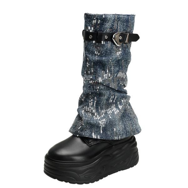 PINKEY P391 Sepatu Long Boots Wanita Sepatu Martin Tinggi Boot Fashion Shoes Karet Putih - Biru, 38