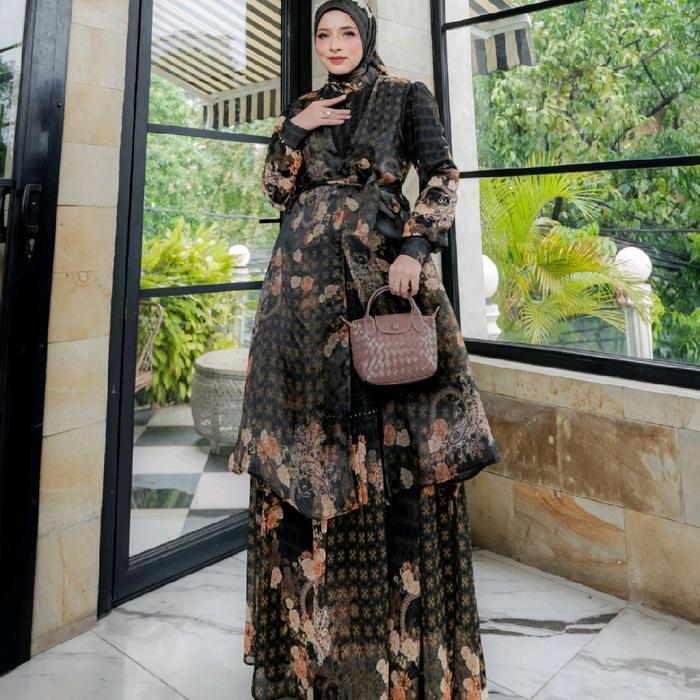 HUMAIRA PREMIUM SERIES BUTIK SYARI GAMIS JUMBO PESTA OUTER ORGANZA PRINTING SET HIJAB SCARF VOAL
