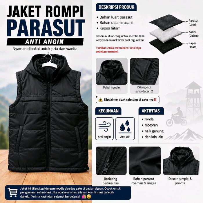 Jaket Rompi Parasut Waterproof Anti Angin Nyaman Dipakai Untuk Pria Dan Wanita Warna Biru Tua