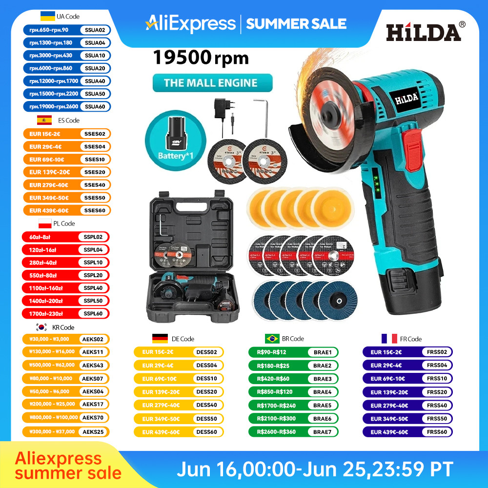 HILDA 12V Miniature Rechargeable Mini Angle Grinder with Battery Cutting Blade Polishing Grinder for