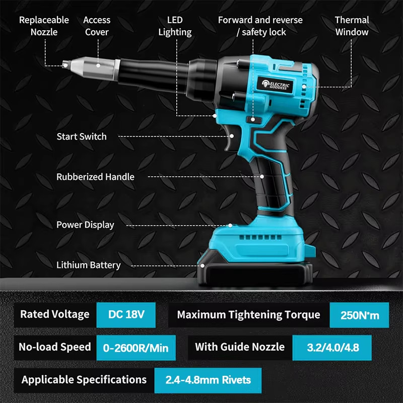Electric Goddess Brushless Electric Rivet Gun 2.4~4.8mm Cordless Rivet Nut Gun Drill Insert Power