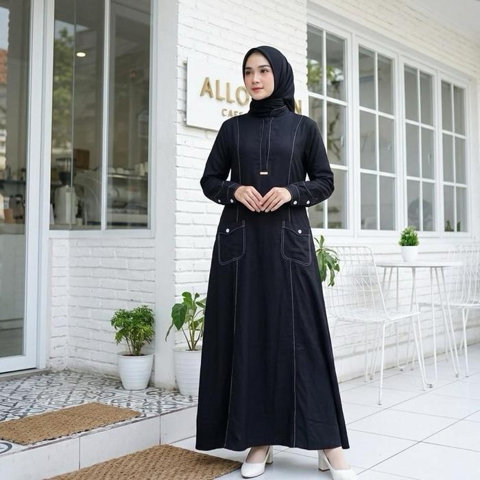 Gamis Rayon Twill Model Hikmat Busui Friendly Ld 110 Pb 135 - Hitam