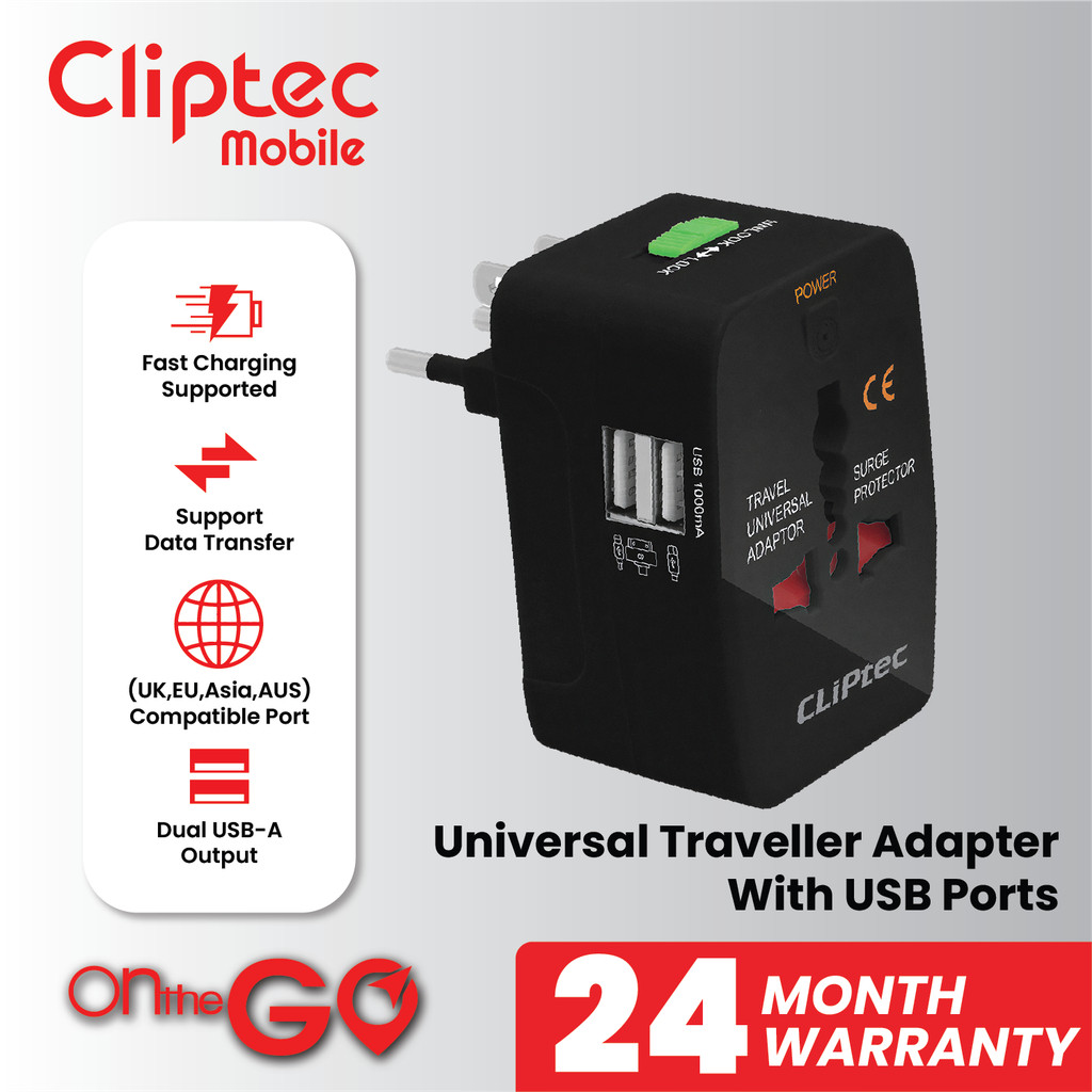 Cliptec Mobile MPT131 Universal Travel Adapter Charger 2 USB Port Adaptor Colokan Internasional UK U