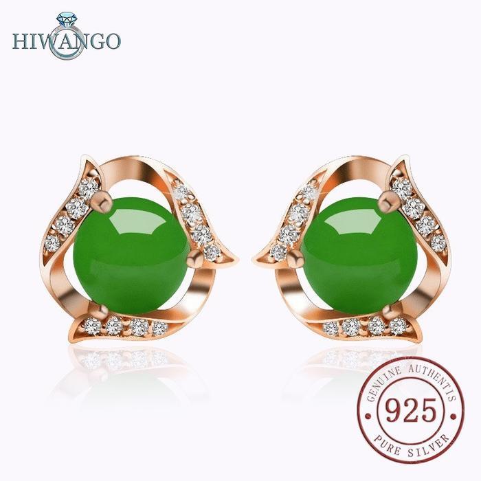 Anting Wanita dengan Batu Jade Hijau dan Zircon Lapisan Perak 925 - Emas Mawar, Krisopras 5.5mm