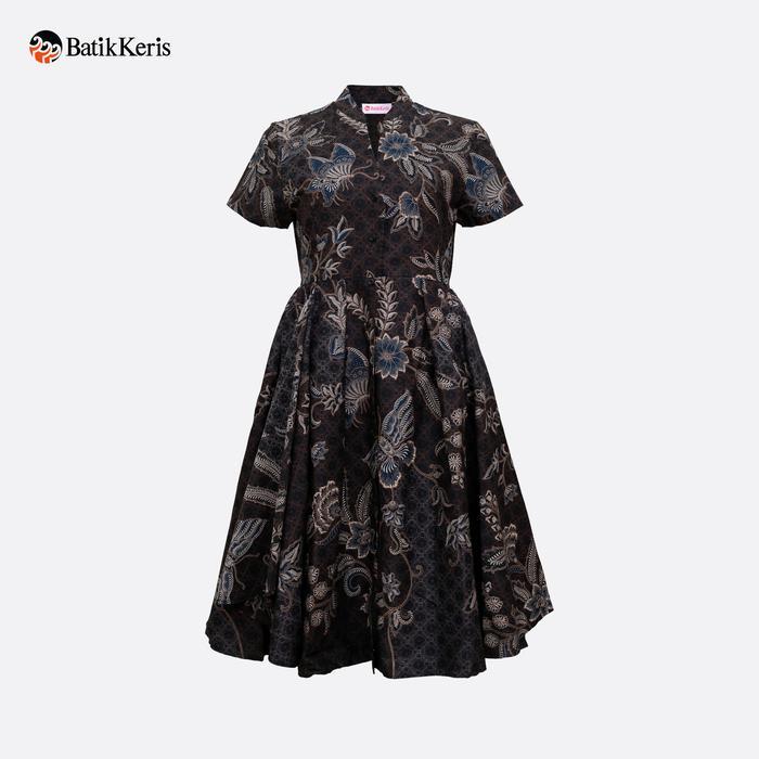 Batik Keris Lengan Dress Batik Wanita Lengan Pendek Motif Harshamitra Hitam Bahan Katun Batik Lengan
