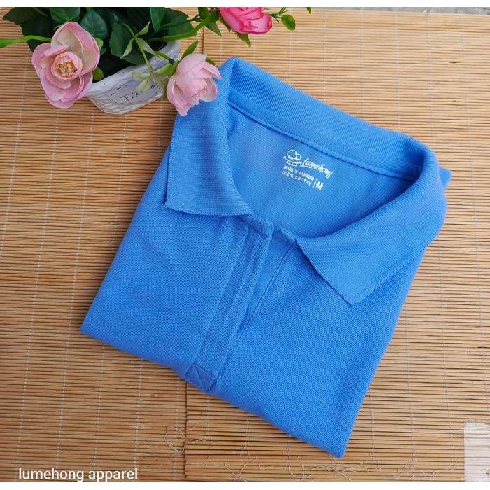 baju polo shirt wanita biru muda