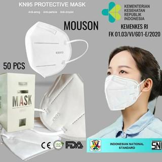MASKER KN95 MOUSON 5 PLY EARLOOP DISPOSABLE MASK MASKER PREMIUM PUTIH KEMASAN DUS HARGA 1 BOX ISI 50
