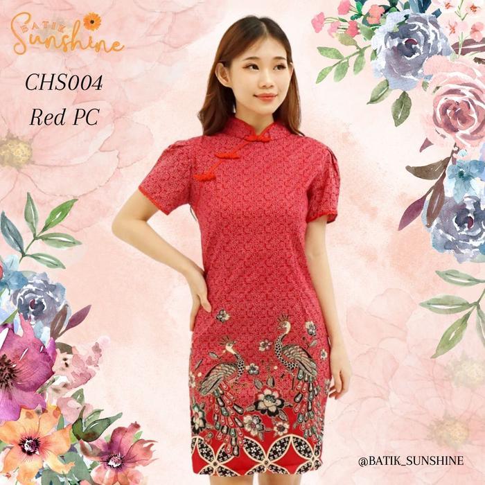 Sangjit Cheongsam/Imlek Batik Dress Batik Wanita Motif Cheongsam untuk Sangjit dan Imlek Warna Merah