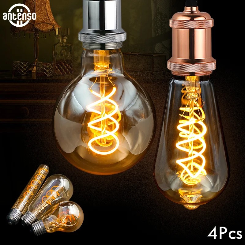 4Pcs Retro Dimmable LED Edison Bulb E27 E14 Gold Spiral Filament 4W Ampoule LED Lamp Incandescent