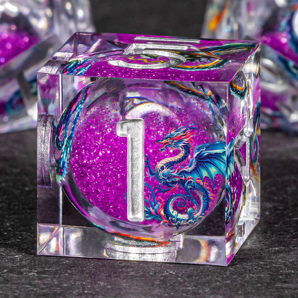 DND Dragon Liquid Core Dice Set, 7Pcs Sharp Edge Dice Set Dungeon and Dragon, Purple Handmade Resin