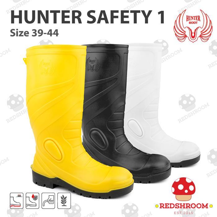 Sepatu Boot Tinggi Hunter Safety 1 Hitam Kuning Putih Toe Cap Besi