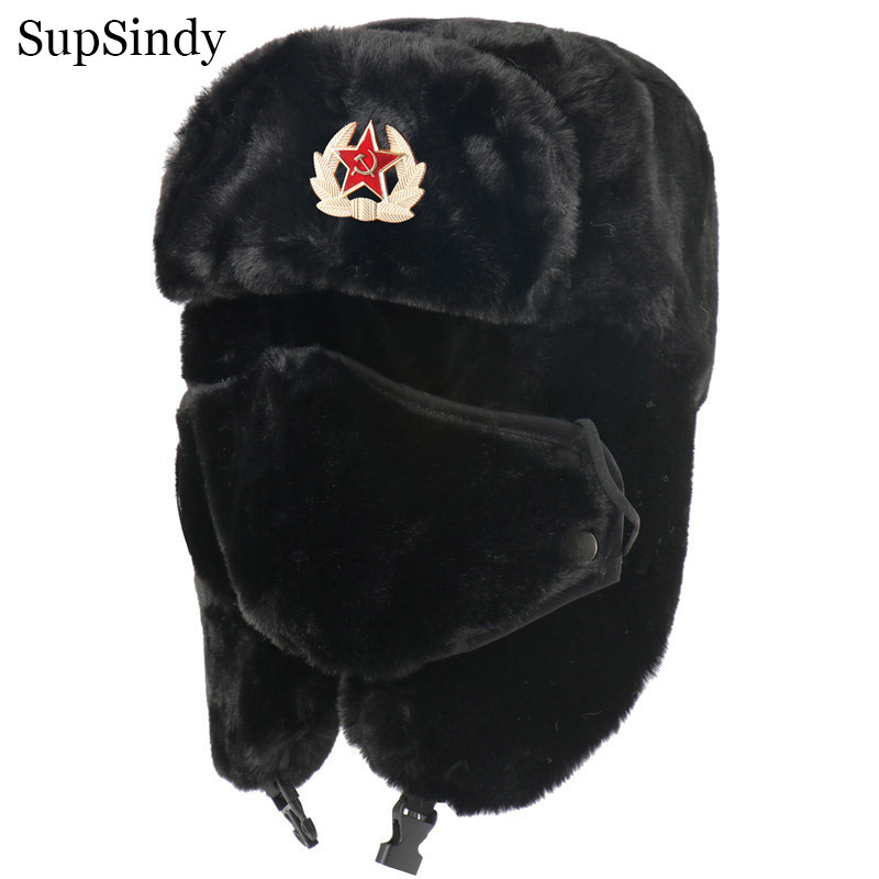SupSindy Army Military Soviet CCCP Ushanka Men&Women Winter Earflap Bomber Hat Warm Faux Fur