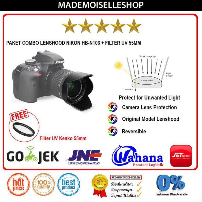 Lenshood Hb-N106+Filter Uv 55Mm Nikon Af-P 18-55 Vr/Nikon D3400/D5300 Terbaru 