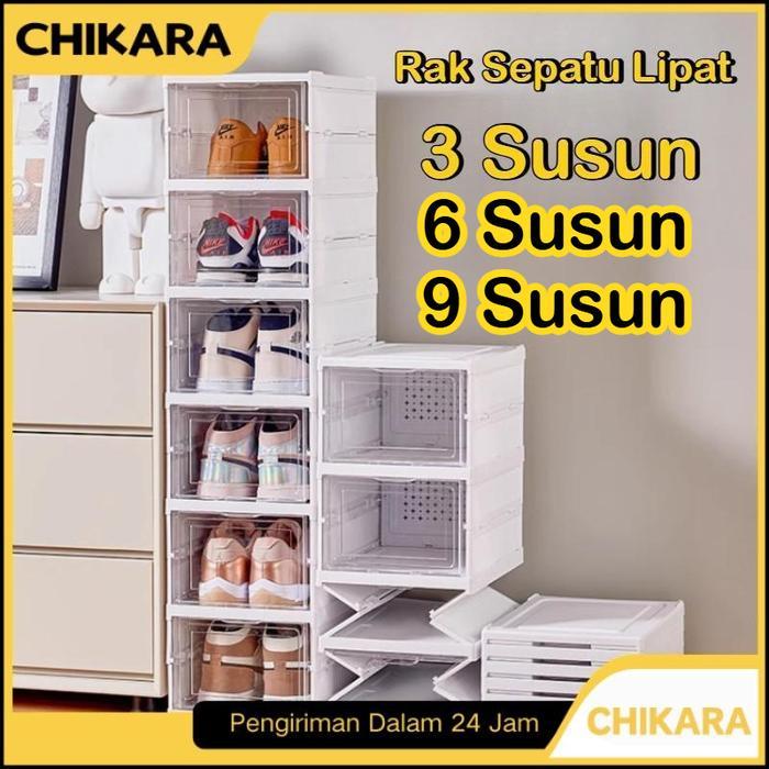 Chikara Kotak Sepatu Lipat Plastik Serbaguna Tebal Kokoh Transparan Rak Sepatu Susun Lemari Sepatu