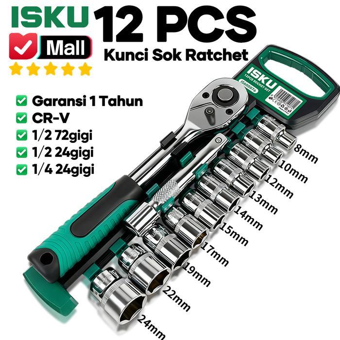 Krisbow Tools - Kunci Sok Set 12 Pcs 1/2 Inch 1/4 Kunci Shock Pas Ring Ratchet Wrench 24 72 Gigi