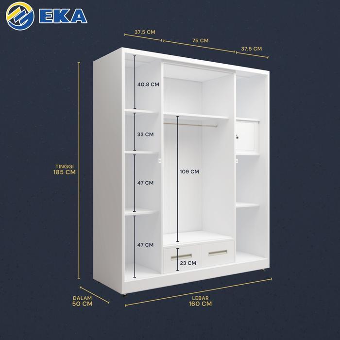 Eka Lemari Pakaian Besi 160Cm 4 Pintu Sliding Jumbo+1 Batang Rak Baju+2 Laci Cermin Minimalis
