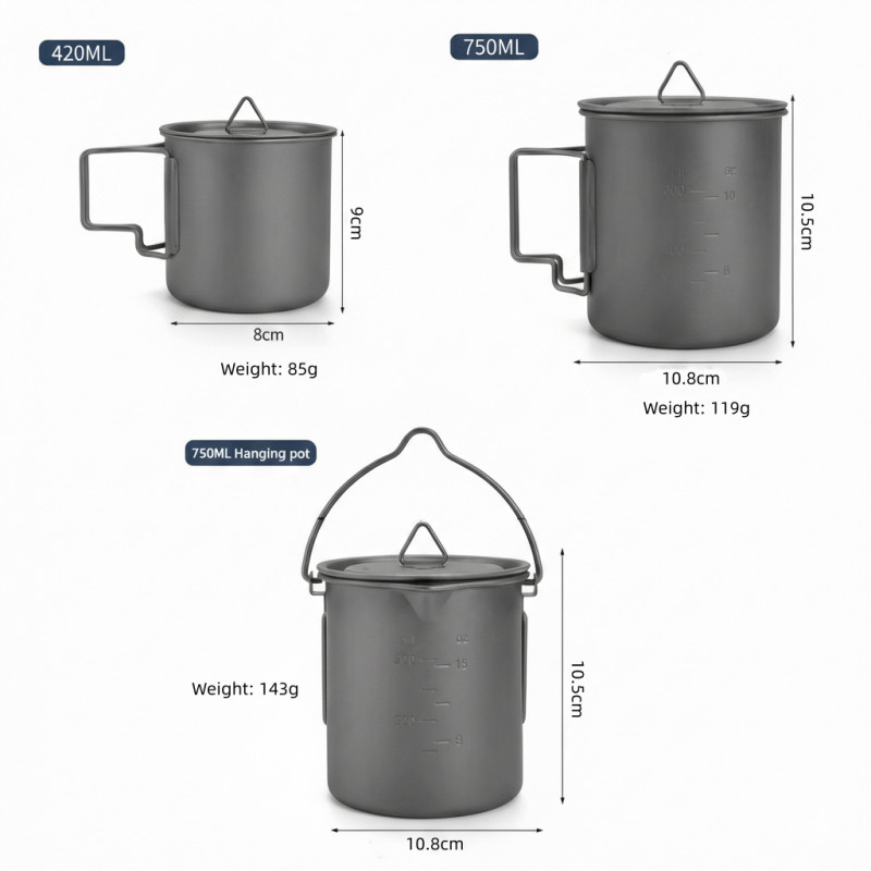 Titanium Camping Cookware Set with Folding Mug (420ml/750ml) and 750ml Pot, Lightweight Portable