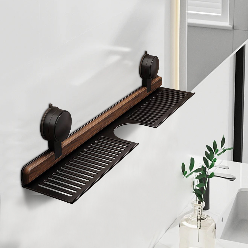 Walnut Suction Cup Bathroom Shelf No Drilling Wall Mounted Sink Shelf Heavy Duty Storage Rack