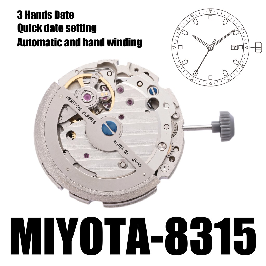 8315 Movement Miyota 8315 Movement Automatic Size: 11 1/2'''Automatic and hand winding Quick date
