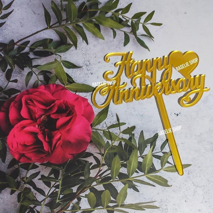 Cake Topper Besar B Tusuk Happy Anniversary Gold Acrylic Hiasan Dekor