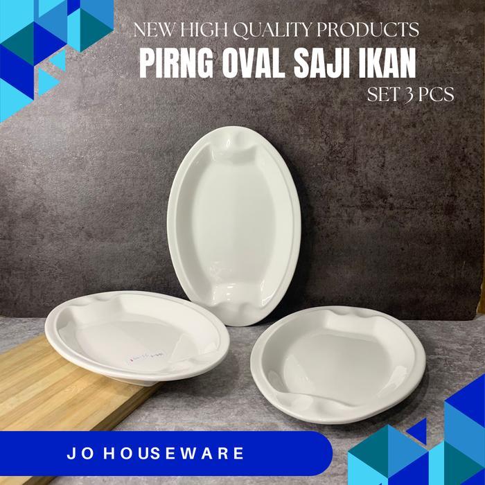 SET 3 PCS Piring Oval Saji Ikan Pyramid Keramik Premium Putih polos ukuran 30,5 x 21cm hotelware