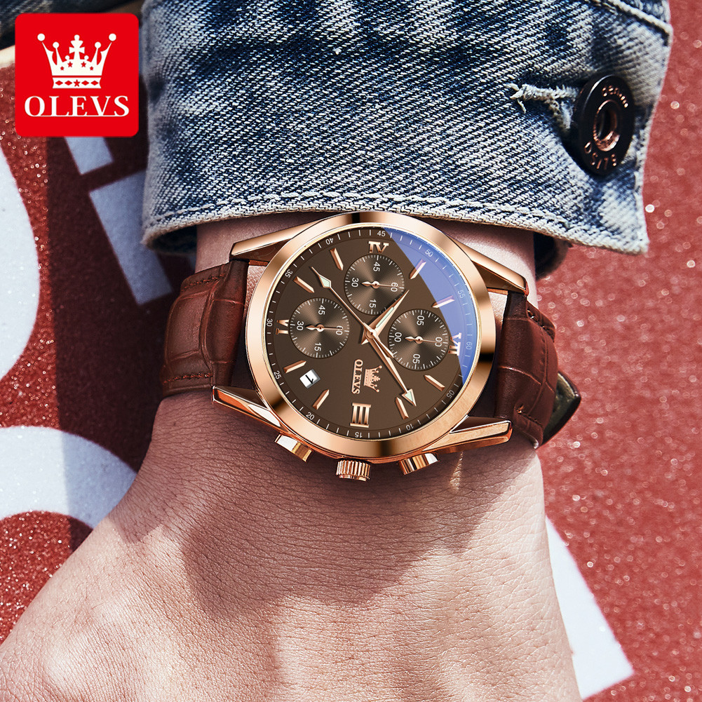 OLEVS 2872 Top Brand Men's Watches Waterproof Leather Strap Auto Date Multifunctional Dial Quartz