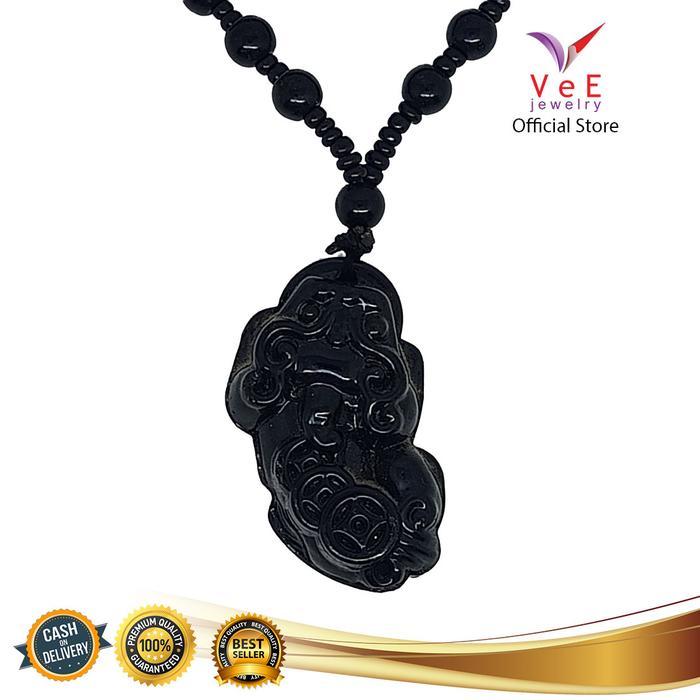 Kalung Liontin Batu Giok Hitam Ukiran Naga Pixiu dengan Rantai