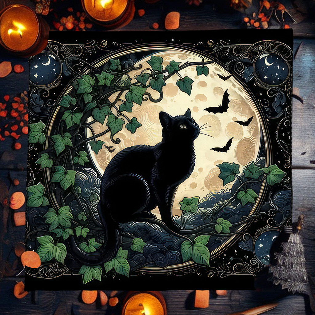 Witchcraft Black Cat Tarot Card Tablecloth Altar Cloth Moon Starry Sky Divination Tarot Mat Decor