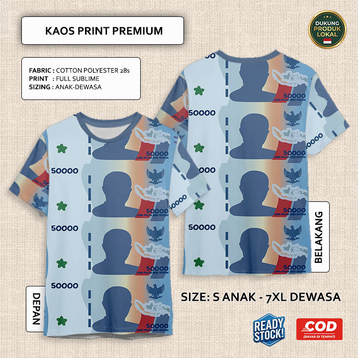 Kaos Uang Rupiah 50k 50rb Lima Puluh Ribu Gocap Kartun Full Printing Keren | Baju 3D Anak dan Dewasa