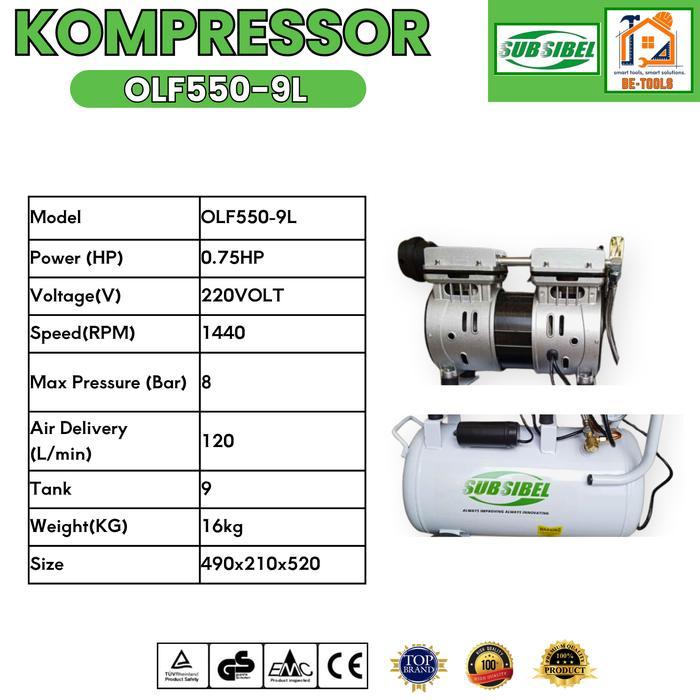 Subsibel Mesin Kompresor Angin Listrik 0.75 Hp Kompresor Listrik 9L Compressor Oilless Silent