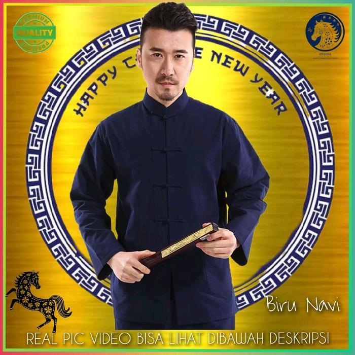 Pakaian Baju Tradisional Cina Kemeja Cheongsam Imlek Pria Biru Navi